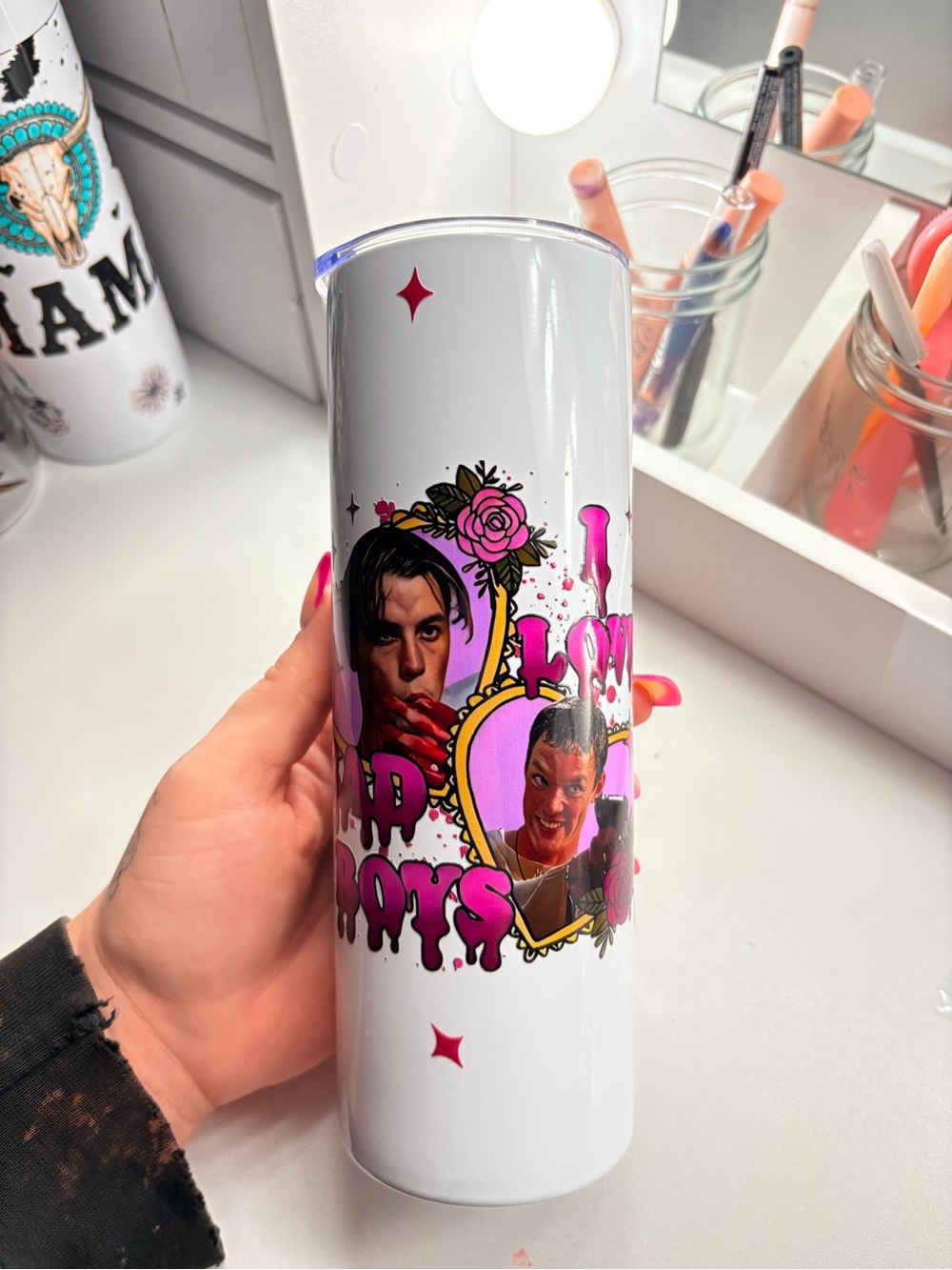 White Graphic Stainless Tumbler with Pink Horror Character Art